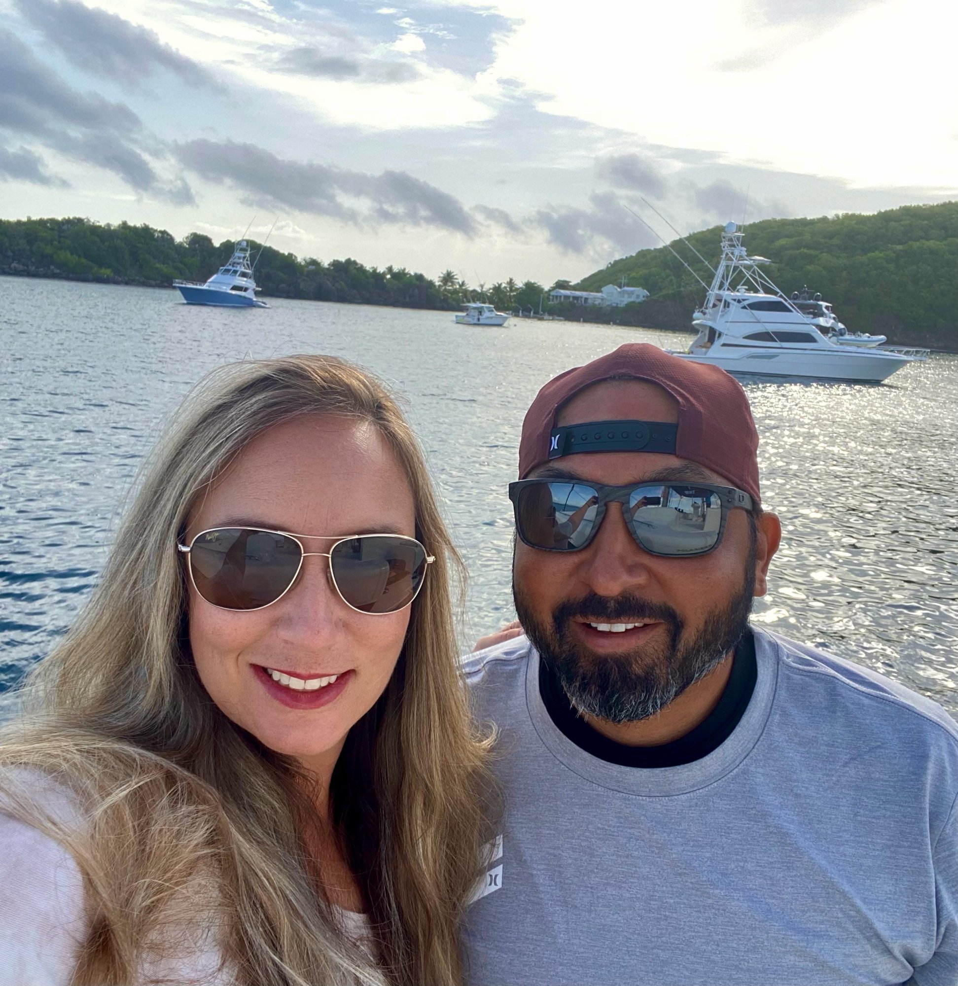 Angie and Ed selfie at anchor in the BVI aboard Elation