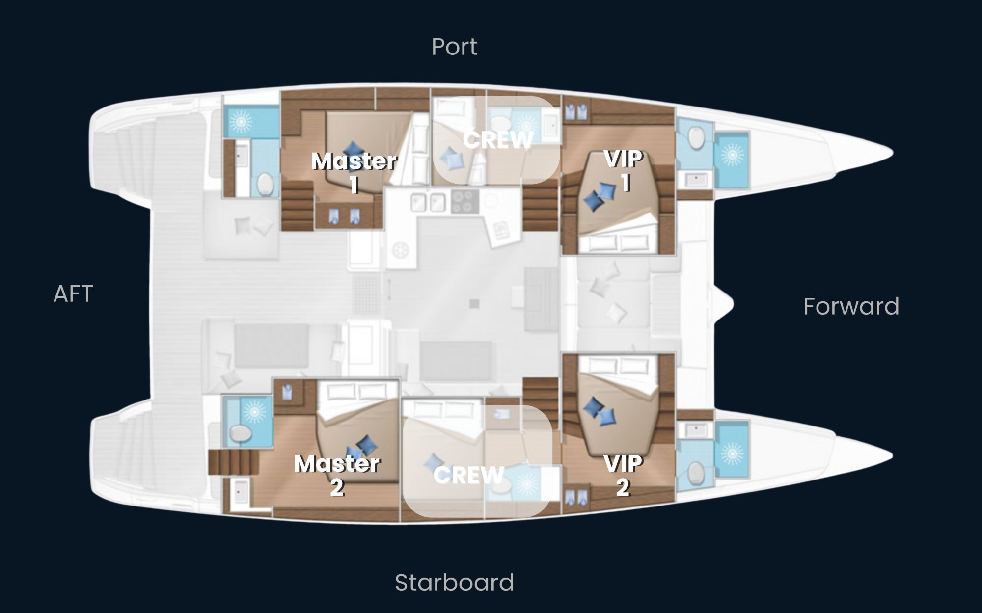 Lagoon 52F cabin layout — Master 1 port aft, Master 2 starboard aft, VIP 1 port forward, VIP 2 starboard forward